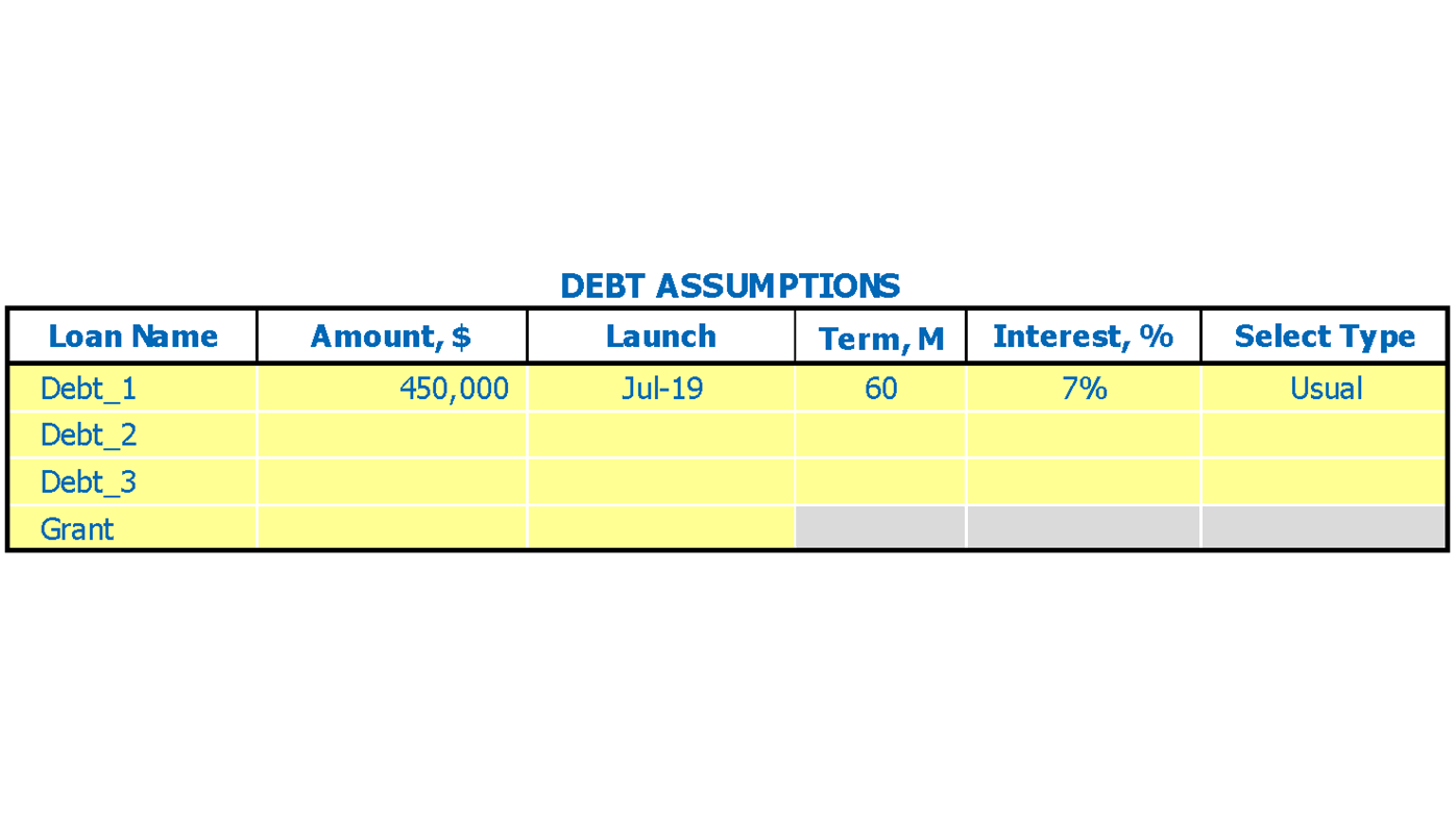 Drone Manufacturing Financial Projection Excel Template Debts Inputs