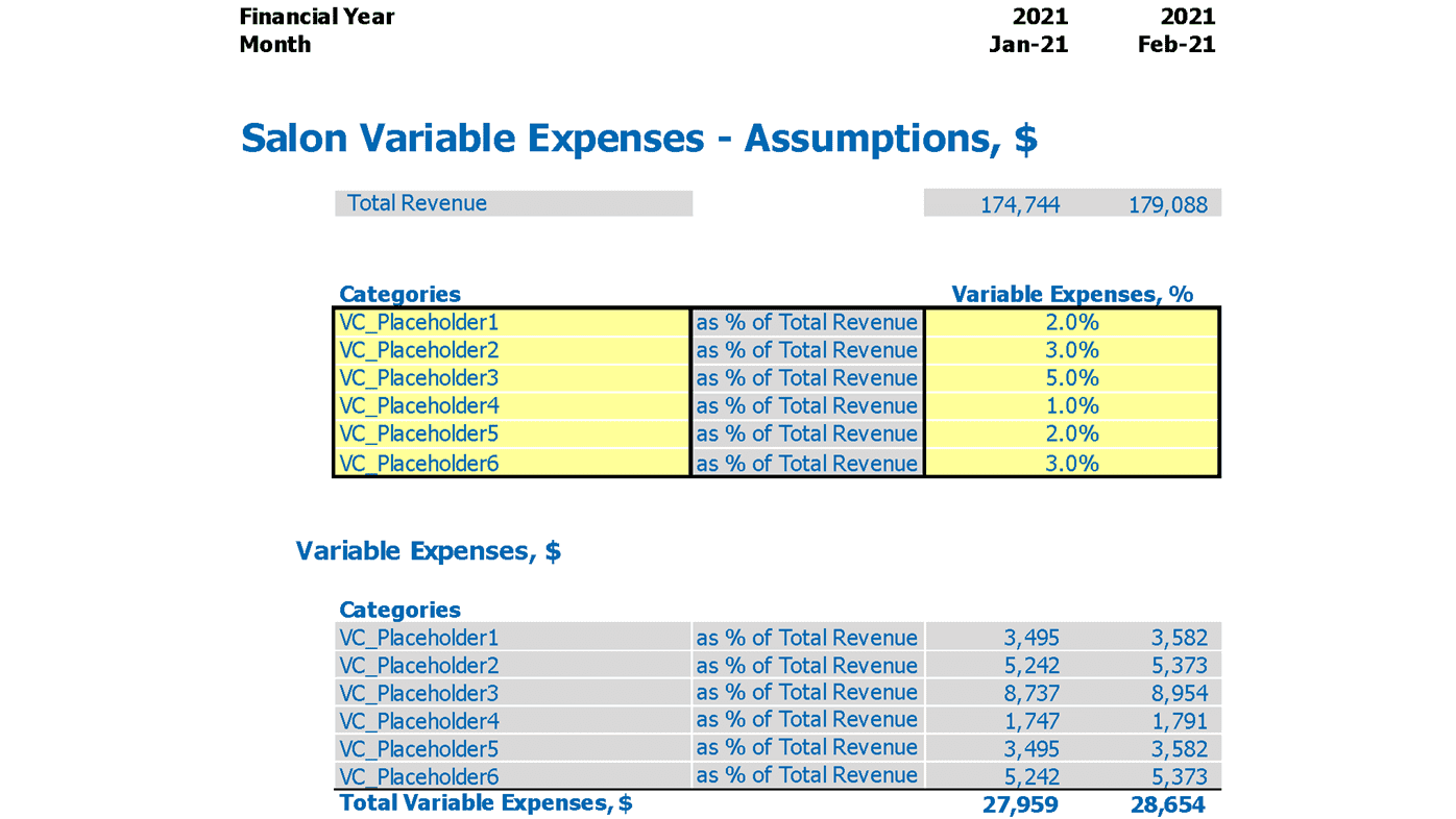 Nail Salon Cash Flow Projection Excel Template Variable Expenses Assumptions