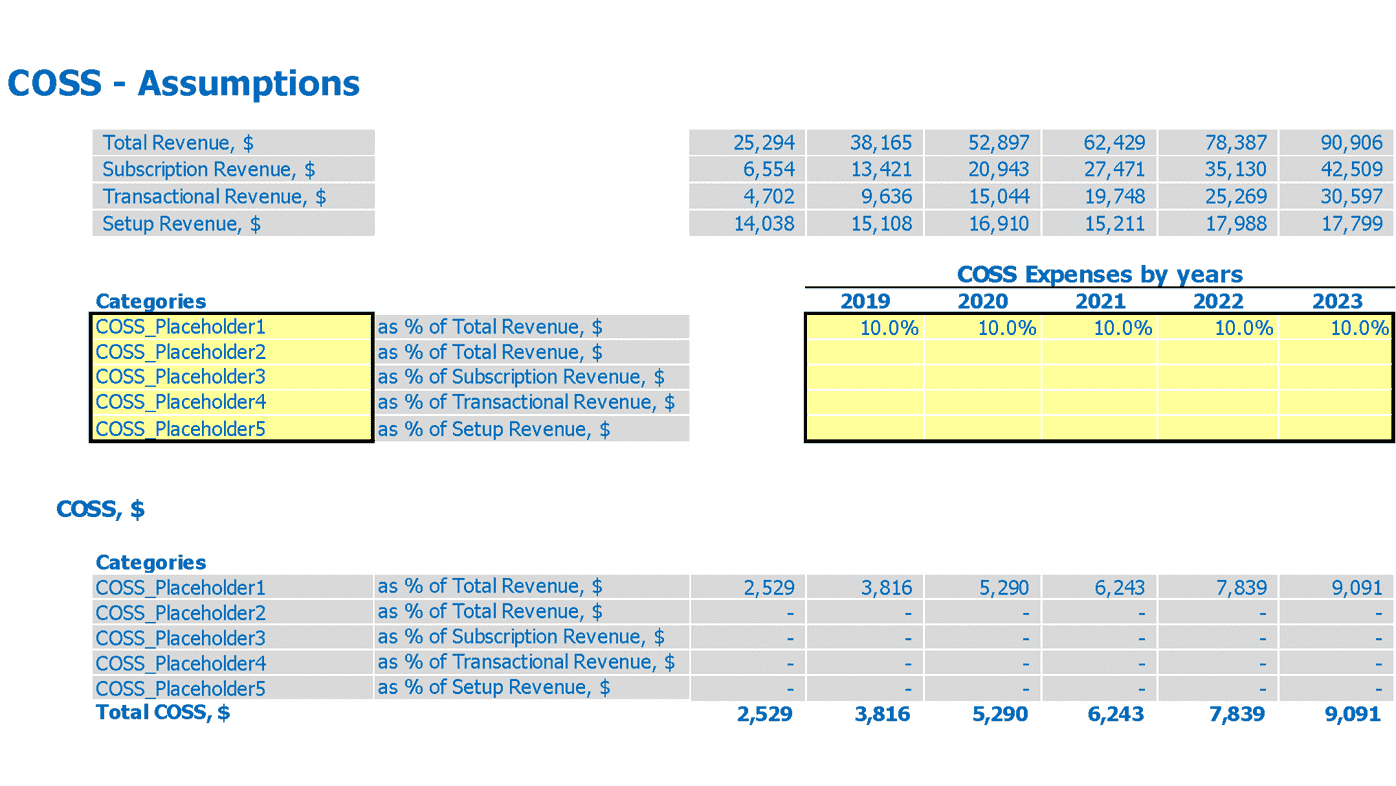 Data Analytics Software Financial Projection Excel Template Cost Of Services Sold Inputs